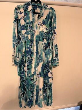 Chico's Teal, Blue & White Abstract Maxi Shirt Dress
